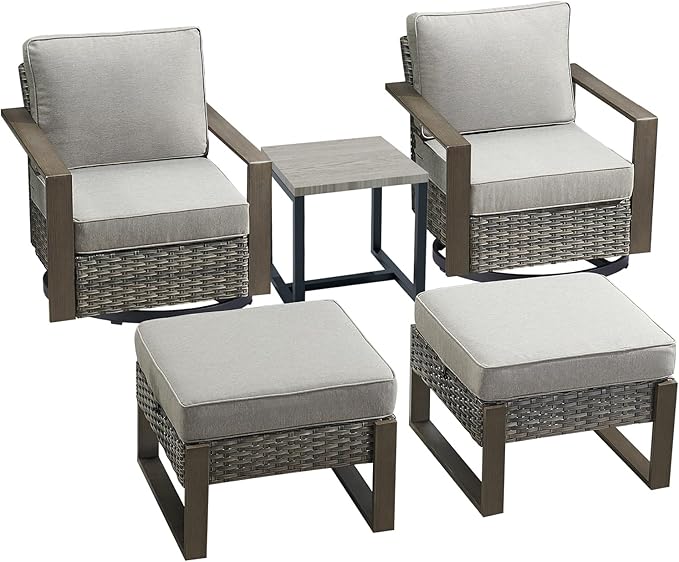 Rilyson Outdoor Wicker Patio Furniture Set - 5 Piece Patio Conversation Set with 2 Wicker Swivel Rocker Chairs,2 Ottoman, 1 Side Table, Thick Cushions, Deep Seating, Wide Armrest(Mixed Grey/Grey)