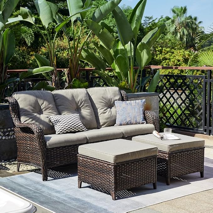 HUMMUH 3 Piece Patio Furniture Set All Weather Wicker Outdoor Sectional Sofa Manual Weaving Rattan High Curved Back Patio Couch with Ottomans