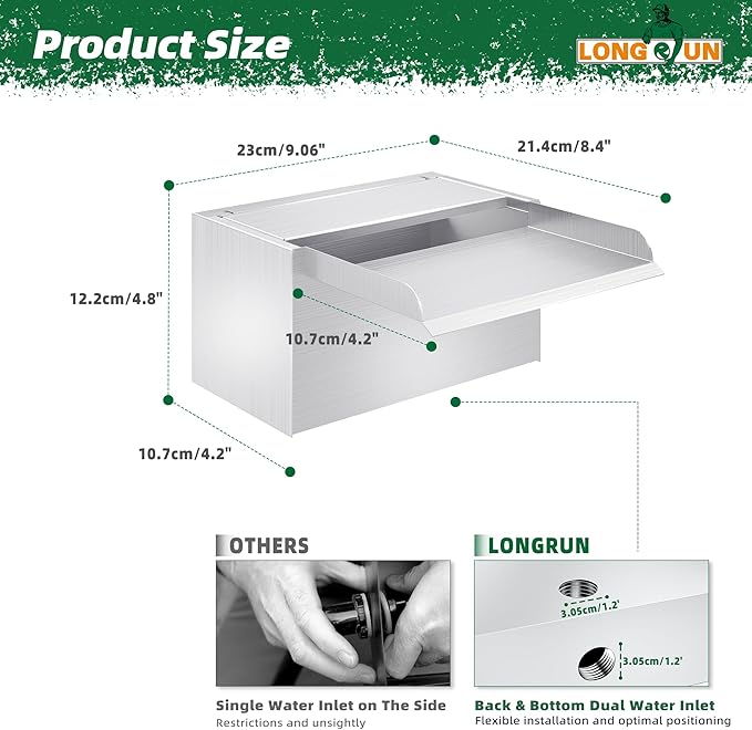 Longrun Pond Waterfall Box with Pump Kit, 304 Stainless Steel Pond Spillway with 396 GPH 1500L/H Pump for Ponds, Pond Spillway Color-Changing LED Light Strip for Garden Waterfall (9.06")