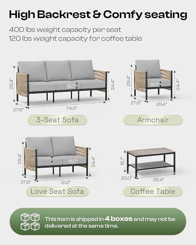 Aluminum Outdoor Patio Furniture Set, HDPE Rope 5 Piece Modern Sectional Conversation Sets with Dual-Layer Coffee Table, All Weather Patio Couch Sofa with Thick Cushions, Gray Frame, Gray