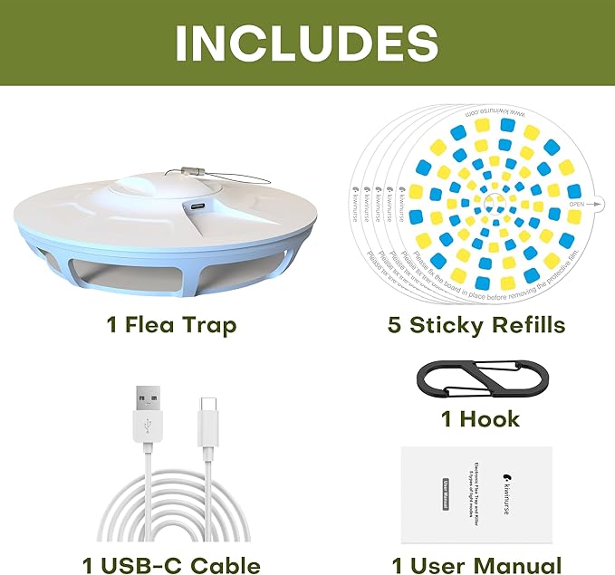 Flea Trap - Indoor Portable Flea Trap with 5 Refills, 9 Long-Lasting UV and Yellow Lights, Super Sticky Glue Cards, Covers up to 600 ft², White