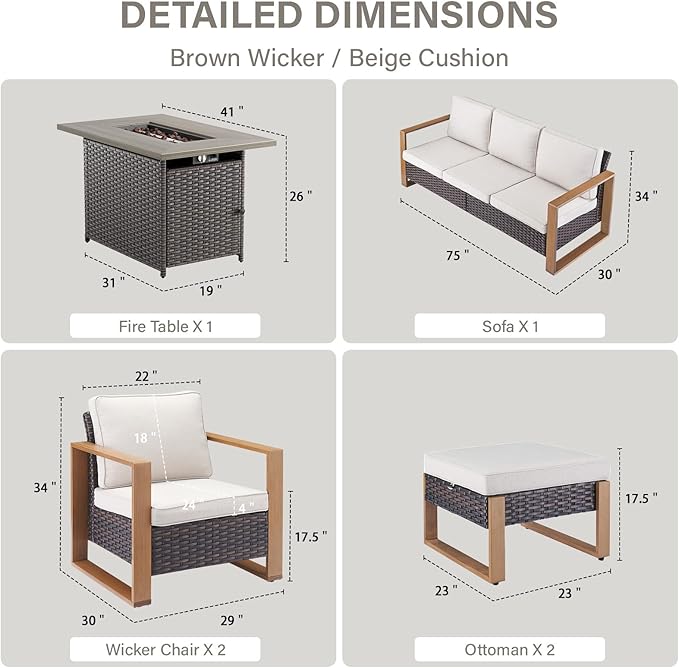 Belord 6 Piece Outdoor Patio Furniture Set with Propane Fire Pit Table, Wicker Patio Conversation Set with2 Patio Wicker Chairs Rattan Sofa and Removable 4" Thick Cushions for Deck Backyard