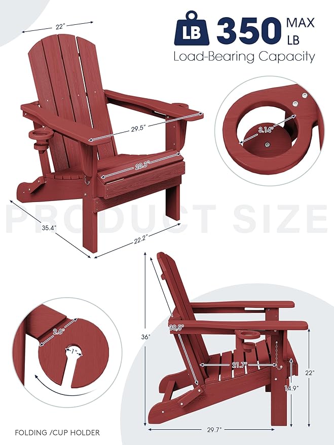 KINGYES Folding Adirondack Chair Set of 8, Dual Cup Holders & All-Weather HDPE, Wood-Like Patio Chair for Backyard, Camping, Pool & Fire Pit, Dark Red