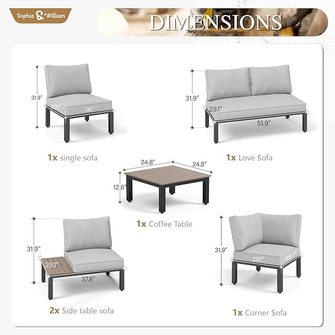 Sophia & William 6 Pieces Outdoor Patio Furniture Set, Metal Sectional Sofa Set Patio Conversation Set-2 x Single Sofa with Side Table,1 x Loveseat,2 x Single Couch,1 x Tea Table(Beige Grey)