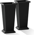 Tall Planters Set of 2, Large Indoor Outdoor Flower Pots with Tray Modern Tapered Planter for Patio, Garden, Porch, Backyard (Black Ribbed)