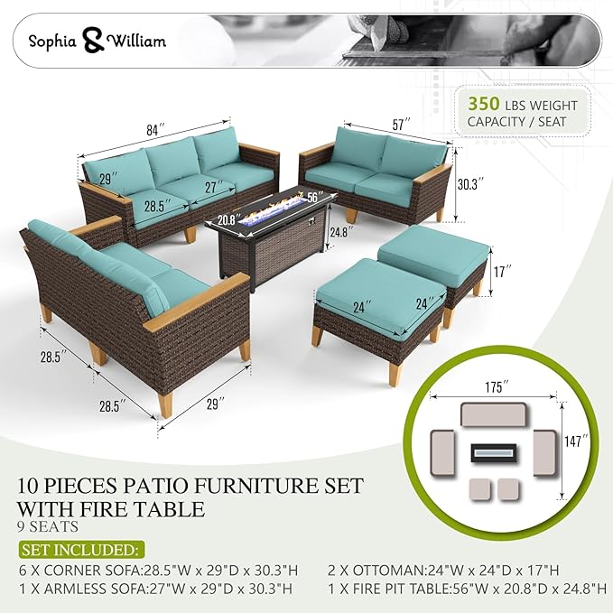 Sophia & William Patio Furniture Set with 56" Fire Pit Table, 10PCS Outdoor Wicker Sectional Conversation Set with 3-Seater Sofa, 2-Seater Couch, 2 Ottoman & FirePit Table(Aqua Blue)