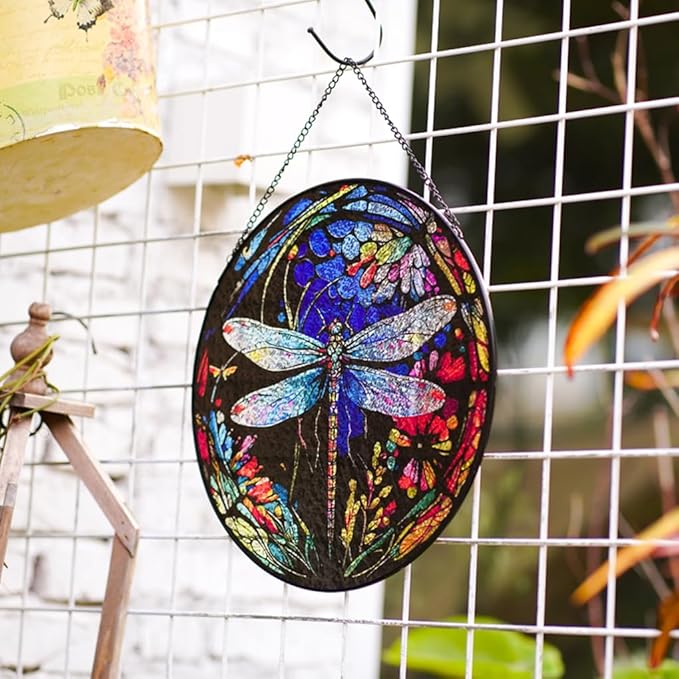 Stained Glass Window Hanging - Dragonfly Stained Glass Suncatcher, Sun Catchers for Indoor Window Decor, Gift for Women,Mom,Friends (12 Inch)