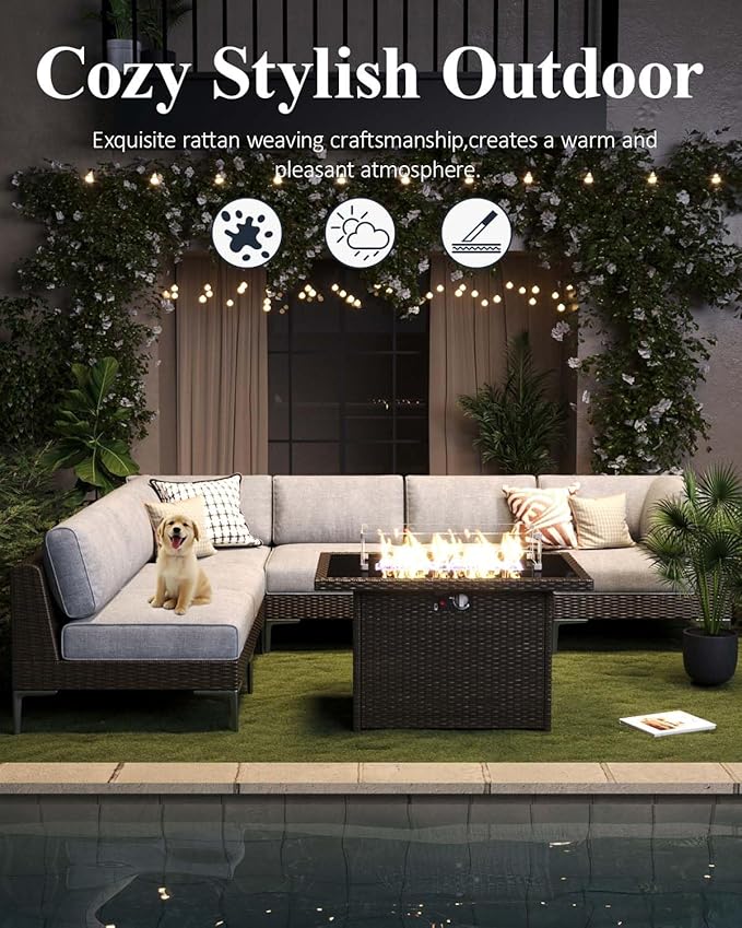 LayinSun 7-Piece Outdoor Modular Wicker Sectional Sofa with Fire Pit Table, Patio Furniture Conversation Set with Deep Seating and Thick Cushions
