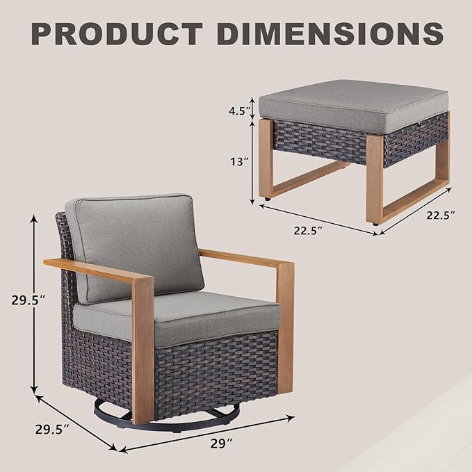 Rilyson Outdoor Wicker Patio Furniture Set - 4 Piece Patio Conversation Set with 2 Wicker Swivel Rocker Chairs,2 Rattan Ottoman, Thick Cushions, Deep Seating, Wide Armrest(Brown/Grey)
