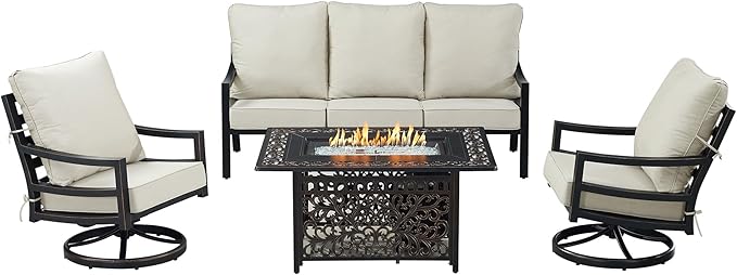 Oakland Living Black Aluminum Patio Fire Table Set with Deep Seating Sofa with Cushions and Two Club Chairs with Light Grey Cushions