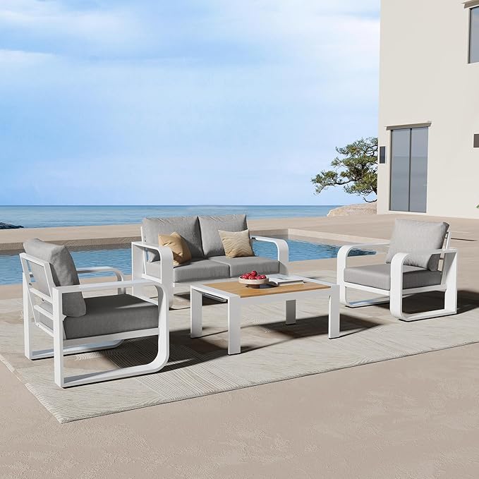 Oasbira Aluminum Outdoor Patio Furniture Set, 4 Piece Oversized Patio Conversation Sets Widened Armrest & Ultra-Thick Cushions, Heavy Duty Modern Sectional Furniture for Backyard, Deck, White