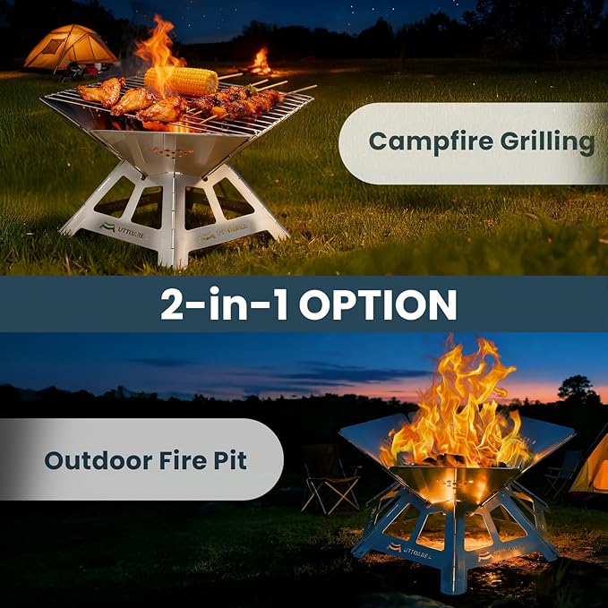 21" Portable Outdoor Fire Pit, Stainless Steel Portable & Collapsible Fire Pit with Charcoal Grill Net & Storage Bag,Wood-Burning for Patio, Backyard BBQ, Camping & Beach Bonfires