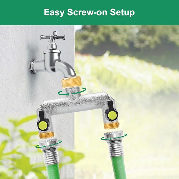 EEEKit Garden Hose Splitter 2 Way, 3/4" GHT Spigot Faucet Hose Pipe Tap Splitter, Nickel-Plated Brass Water Hose Manifold with Shut Off Valve