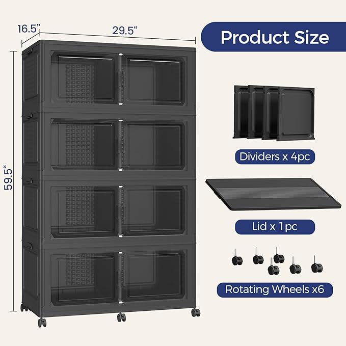 160Gal Stackable Storage Bins with Lid, 640Qt Extra Large Collapsible Storage Box with Wheels, Dividers, Folding Plastic Cabinet Closet Organizers for Home Kitchen Office Dorm, 4Pack Black