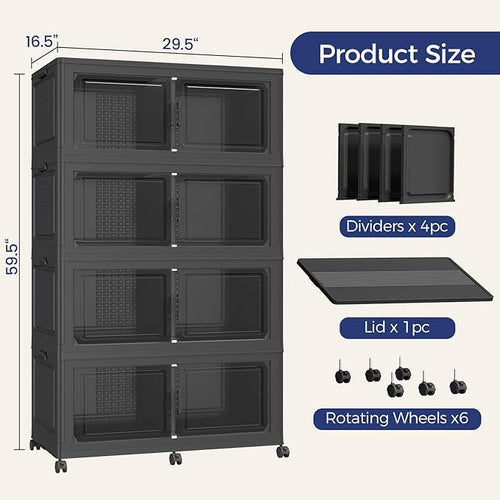 160Gal Stackable Storage Bins with Lid, 640Qt Extra Large Collapsible Storage Box with Wheels, Dividers, Folding Plastic Cabinet Closet Organizers for Home Kitchen Office Dorm, 4Pack Black