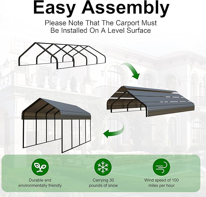 RV Metal 10x20FT Carport Canopy Heavy Duty Carports Kits for Garage,Aluminum Car Ports with Steel Shelter Frame Cover for 1 Car or Boats