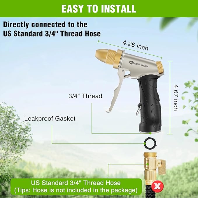 Yesker Garden Hose Nozzle Water Hose Sprayer Nozzle Adjustable 4 Spray Patterns Heavy Duty 100% Metal Brass Water Nozzles with Non-Slip Rubber Grip for Hose Outdoor Watering Plant Lawn Washing Car Pet