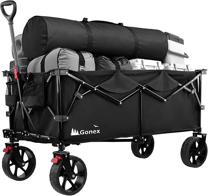 Gonex 48''L Collapsible Foldable Heavy Duty Oversized Wagon with 440lbs Weight Capacity, 300L Folding Large Utility Garden Grocery Shopping Cart with 8" H All-Terrain Wheels & 2 Drink Holders - Black