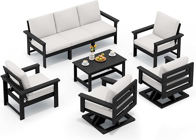 SERWALL HDPE Outdoor Patio Furniture Set, 8-Piece Outdoor Sectional Sofa with 2 Single Seat Swivel Sofas with Thick Cushions for Lawn, Deck, Black Frame with Beige Cushions