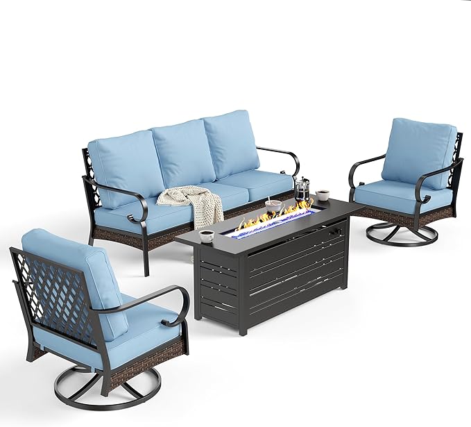 SUNSHINE VALLEY 4 Piece Black Metal Outdoor Patio Furniture Sets with Firepit Table, Patio Conversation Sets 1 3-Seater Sofa, 2 Swivel Sofa with 5.75" Thick Cushion Backyard Furniture for Deck, Blue