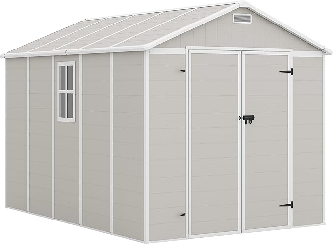 Amopatio 10x8 Storage Shed, Resin Outdoor Shed with Floor Included, Plastic Sheds Outdoor Storage for Bike, Garden Tools, Sheds & Outdoor Storage with Lockable Door, Window & Vents, Sandstone