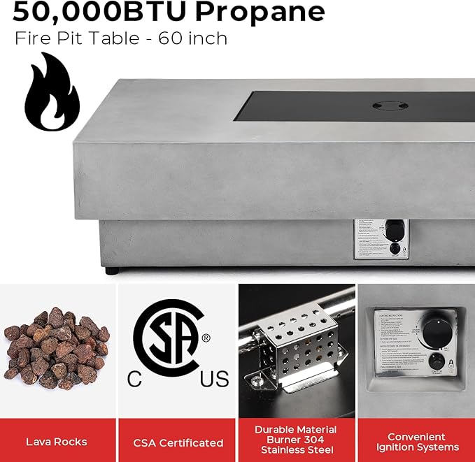 60 Inch Outdoor Propane Fire Pit Table with Tank Cover, 50,000 BTU Natural Gas Firepit for Outside Patio Rectangular Concrete Fire Table with Steel Lid, Lava Rock, Rain Cover