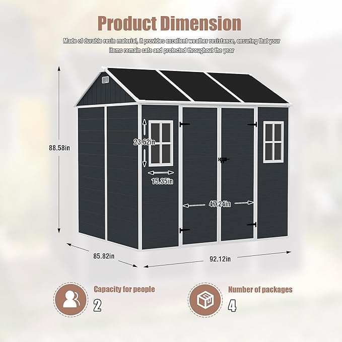 Outdoor Storage Shed 7.5x7 FT, Resin Shed with Floor & Window, Lockable Door, Vents, Outside Sheds & Garden Shed for Patio Furniture, Gardening Tools, Pool Equipment (Dark Gray, 7.5x7ft)
