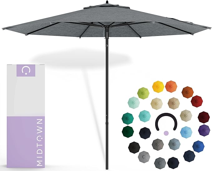 Midtown Umbrellas Push Pop Sunbrella Umbrella 9 Feet Outdoor Umbrella in Cast Slate Fabric - Patio Umbrella, Backyard Umbrella, Garden Umbrella, Picnic Table Umbrella & Pool Umbrella - Black Pole