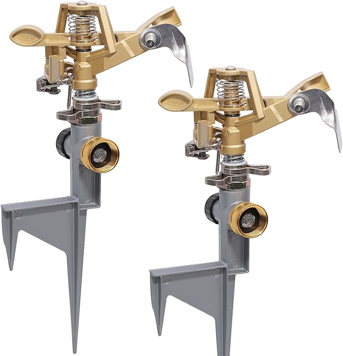 Biswing 2 Pack Impact Sprinkler Head on Metal Step Spike, Heavy Duty Zinc Alloy Lawn Sprinkler, Adjustable Coverage Nozzle on Sturdy Spike Base, 360 Degree Large Area Irrigation