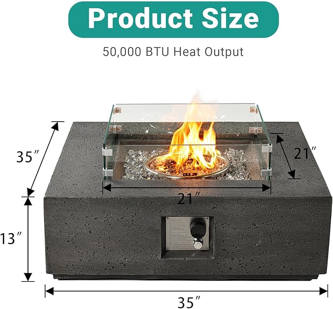 SUNBURY Outdoor Travertine Fire Pit Table, Propane Burning FirePit, 35 inch Square Patio Fire Table 50,000 BTU Fire Pit for Outside with Waterproof Cover, Light Gray