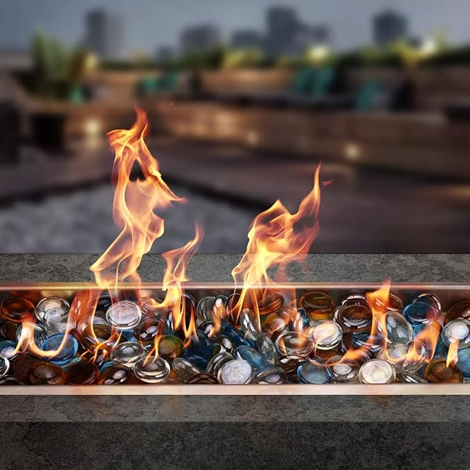 onlyfire 10 Pounds Fire Glass Beads for Propane Fire Pit and Gas Fireplace, 1/2 Inch Round Blended Firepit Glass Rocks Flat Marbles for Fire Pit Table, Caribbean Blue, Crystal Ice and Caramel Luster