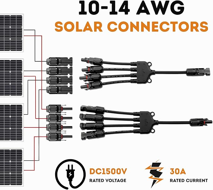 XYRIS Solar Connectors - Y Branch Parallel 1 to 4 Adapter Cable Wire Plug Tool Kit for Solar Panel (M/FFFF+F/MMMM, 1 Pair)