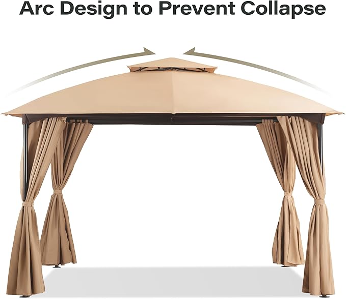 LAUSAINT HOME Patio Arc Gazebo Outdoor Canopy Tent 10'x10', Party Tent Shelter with Curtains, Expansion Bolts & Wind-Resistant Ropes for Patio, Garden, Backyard, Lawn (Khaki)
