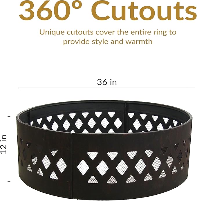 Sunnydaze 36-Inch Outdoor Fire Pit Ring with Poker - Round Heavy-Duty Steel Fire Ring for Camping or Backyard - Crossweave - 12" H
