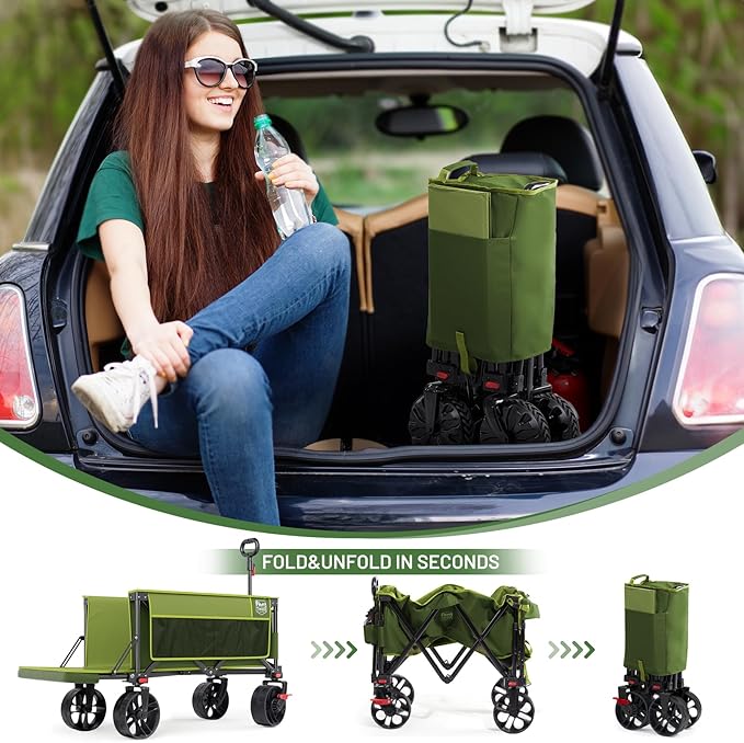 TIMBER RIDGE 47"L Collapsible Folding Wagon with Tailgate, 550lbs Heavy Duty Beach Wagon with All-Terrain Big Wheels, 250L Foldable Utility Wagon Cart for Sand Camping Sports Shopping, Green