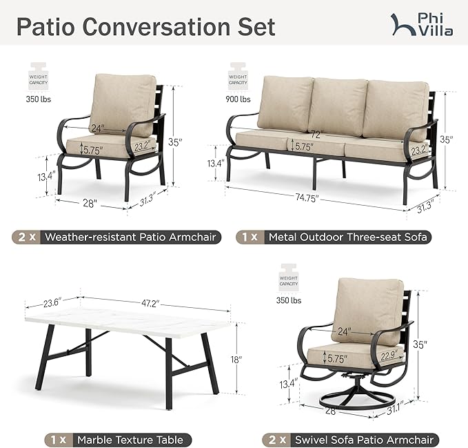 PHI VILLA 6 Piece Patio Furniture Sets with 1 x 3 Seater Padded Deep Seating Bench, 4 x Leg Cushioned Sofa Chairs and 1 x Coffee Table, Outdoor Conversation Metal Furniture Set for 7