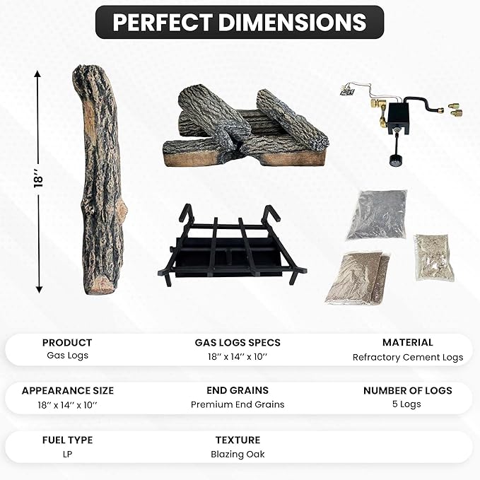 18" Premium Gas Logs - Safety Pilot Light Kit Included - for Liquid Propane Vented Fireplaces - Blazing Oak Design (Logs + Safety Pilot Light Kit)