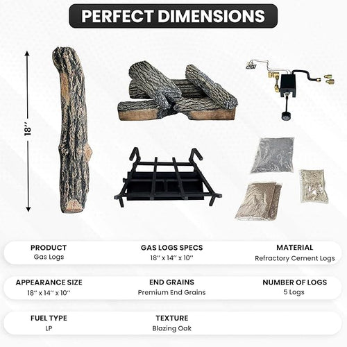 18" Premium Gas Logs - Safety Pilot Light Kit Included - for Liquid Propane Vented Fireplaces - Blazing Oak Design (Logs + Safety Pilot Light Kit)