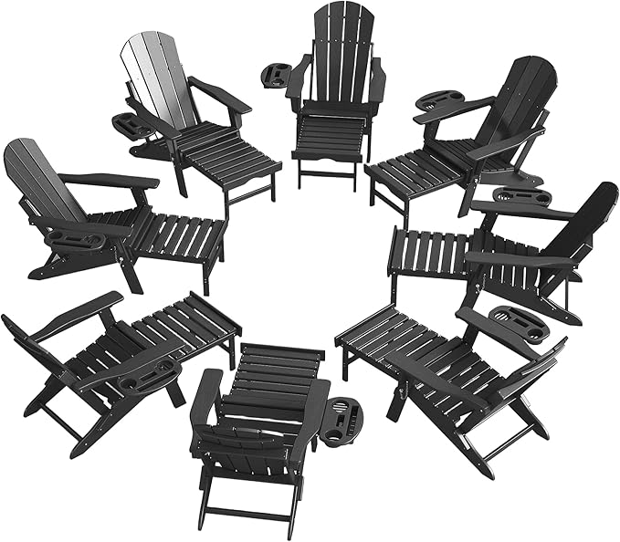 Adjustable Adirondack Chair with Retractable Ottoman Set of 8, HDPE Folding Adirondack Chair with Cup Holder, All Weather Fire Pit Chair for Outdoor.