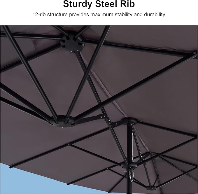 PURPLE LEAF 14ft Patio Market Umbrella with Base Double-Sided Rectangle Outdoor Table Sun Umbrellas with Crank 12 Heavy Duty Sturdy Ribs for Pool Beach Deck Backyard Gray