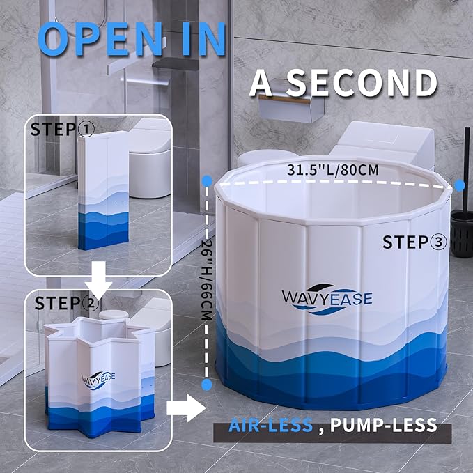 WAVYEASE® Portable Bath Tub for Adults -(31.5"L x 26"H) Foldable Cold Plunge Tub for Recovery - Collapsible Soaking Bath Tub for Shower Stall - Outdoor Ice Bathtub for Athletes (White)