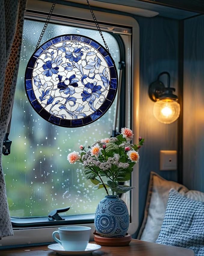 AMDERVEN Stained Glass Window Hanging, Blue and White Abstract Flowers Sun Catcher for Door Home Decor Suncatcher Christmas Mother's Day Birthday Gifts for Women Men Mom and Nana 7.8 in
