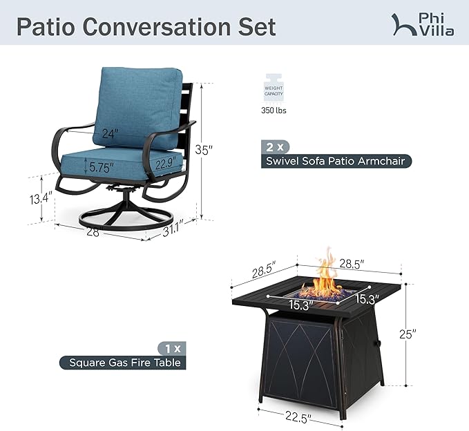 PHI VILLA 5 Piece Patio Furniture Set with 28" Firepit Table, 4 Outdoor 5.75" Cushioned Metal Frame Swivel Sofa Chairs & 28" Gas Firepit Table, Outside Furniture Set for Lawn Garden(Navy Blue)