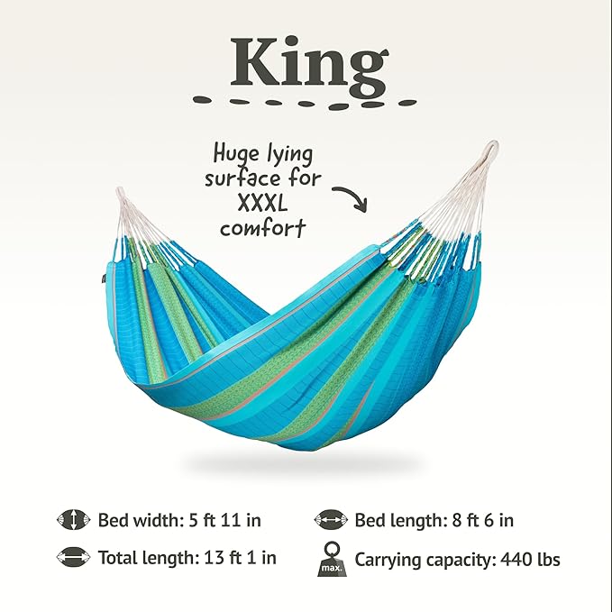 LA SIESTA Flora Hammock, Transform Your Backyard, Patio, or Porch into a Relaxation Oasis, Ultra Soft Cotton Hammock, Max 440 Lbs, Family Hammock, King, Curaçao