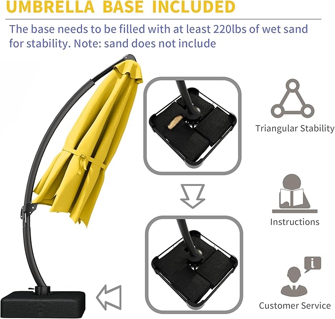 Kingdura 11ft Cantilever Patio Umbrella with Base Included, Large Round Offset Outdoor Pool Umbrella, 360° Rotation & Infinite Tilt, Heavy Duty Aluminum Frame for Deck Backyard, Yellow