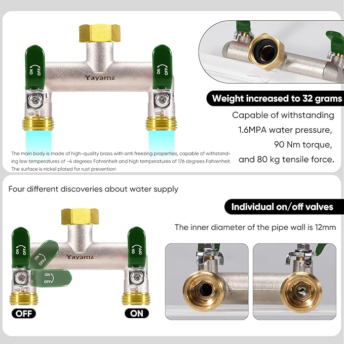 2 Way Garden Hose Splitter, Heavy Duty Brass Nickel Plated Rust Resistant Faucet Manifold, 3/4" Frost Resistant Outdoor Hose Adapter Connector，Hose Spigot Adapter with 2 Large Green Handles