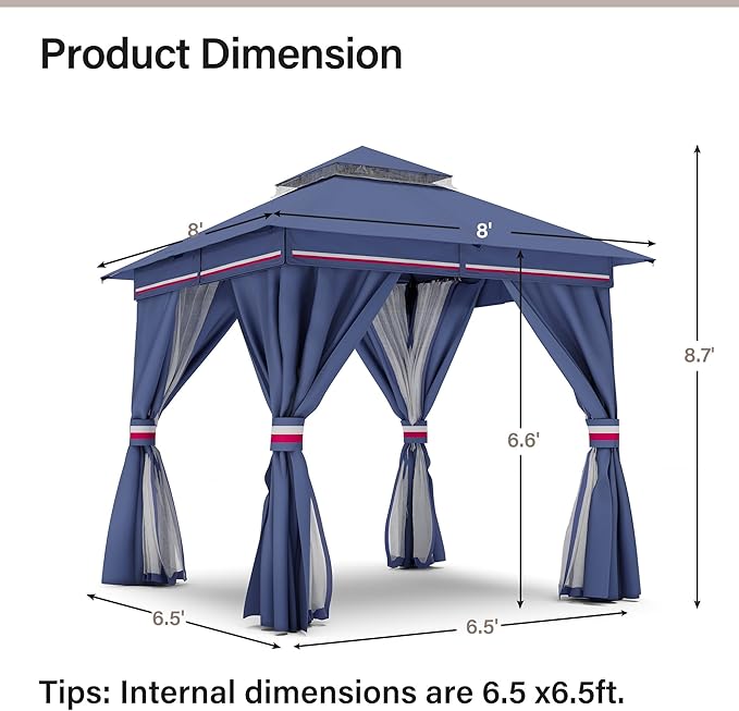LAUSAINT HOME Outdoor Patio Gazebo 8'x8' with Expansion Bolts, Heavy Duty Party Tent & Shelter with Double Roofs, Mosquito Nettings and Privacy Screens for Backyard (Klein Blue)