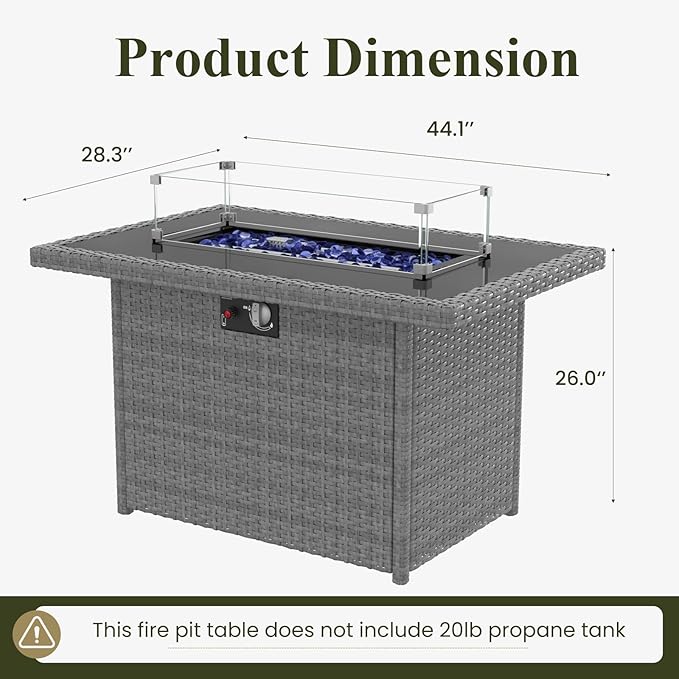 Propane Fire Pit Table, 44" Outdoor Gas Fire Pit with Glass Wind Guard & Waterproof Cover