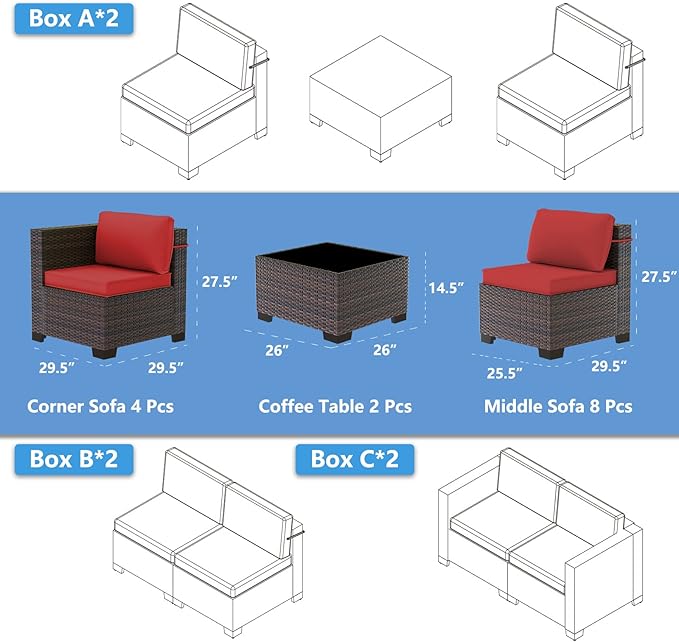 Outdoor Patio Furniture Set, 14 Pieces Outdoor Sectional Furniture Patio Sofa, All-Weather PE Rattan Patio Conversation Set with Tempered Glass Top Table & Cushions(Red),