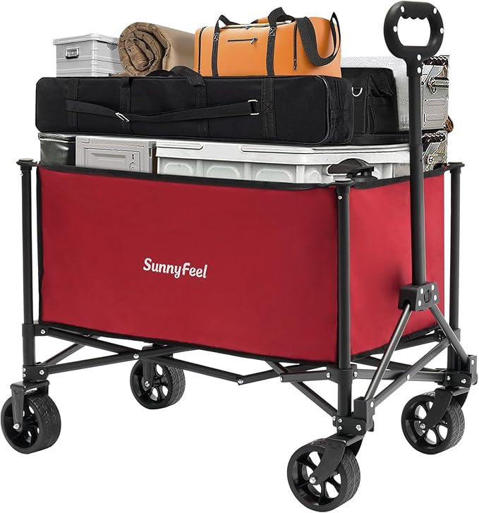 SUNNYFEEL Collapsible Wagon Cart with Wheels Foldable - 176lbs Standard Borderless Version Wagon Carts for Grocery Sports Garden Shopping Camping(Red, 164L)